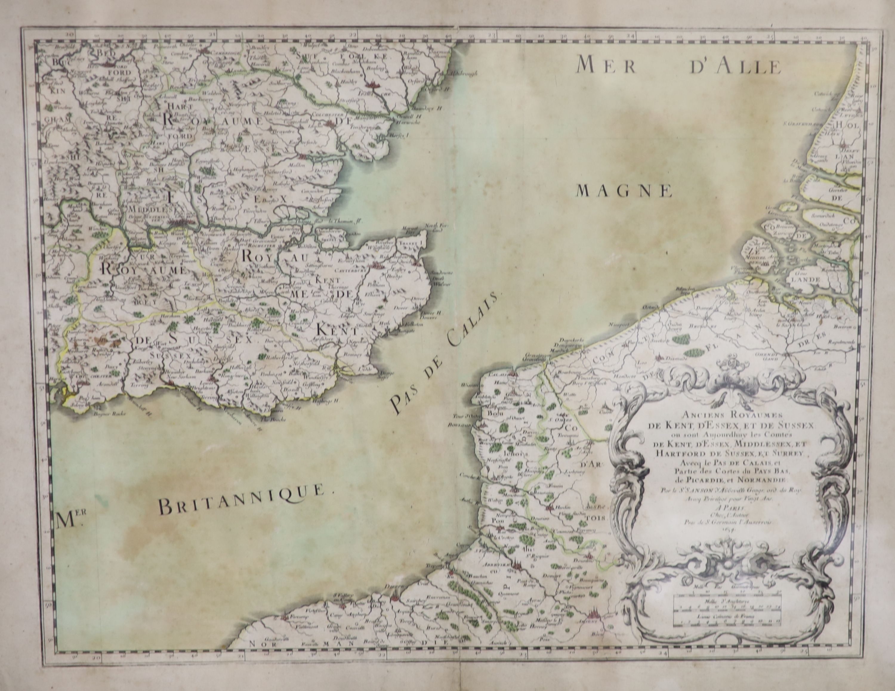 S. Sanson, coloured engraving, Map of the Ancient Kingdoms of Kent, Essex and Sussex, 1654, 37 x 48cm